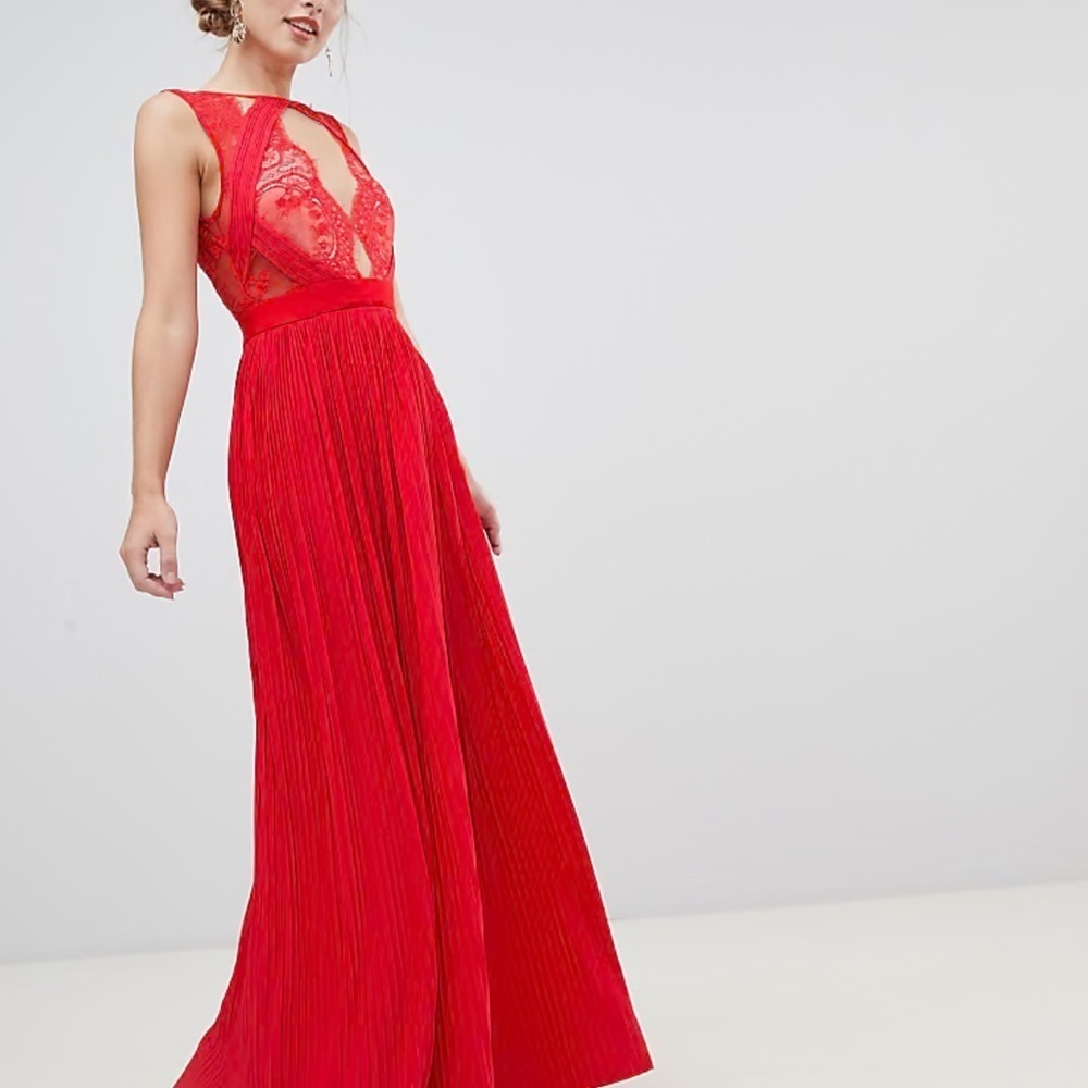 NWOT ASOS DESIGN Premium Scallop Lace Top Pleated Red Maxi Dress Size 6